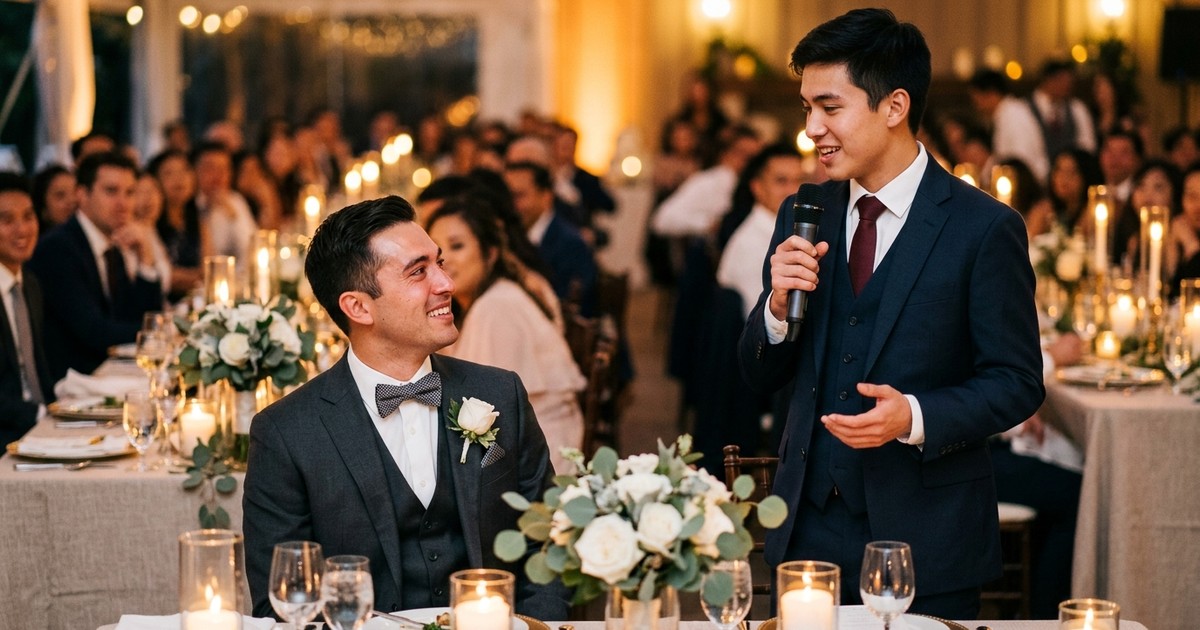 Two brothers sharing a moment at a wedding reception during the best man speech
