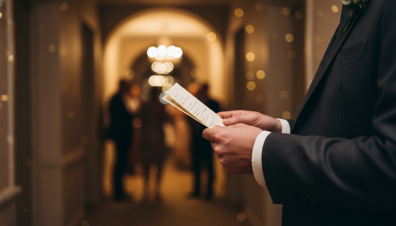 Wedding speaker opening a speech with confidence at a reception