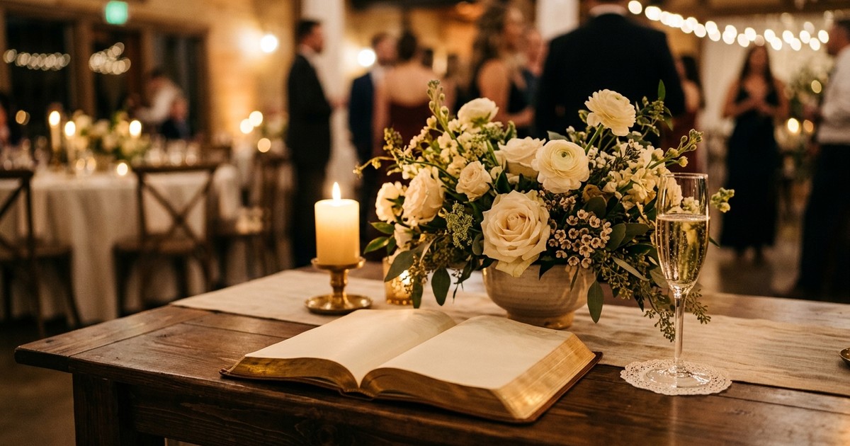 Open Bible on an elegant table beside wedding flowers and a champagne glass