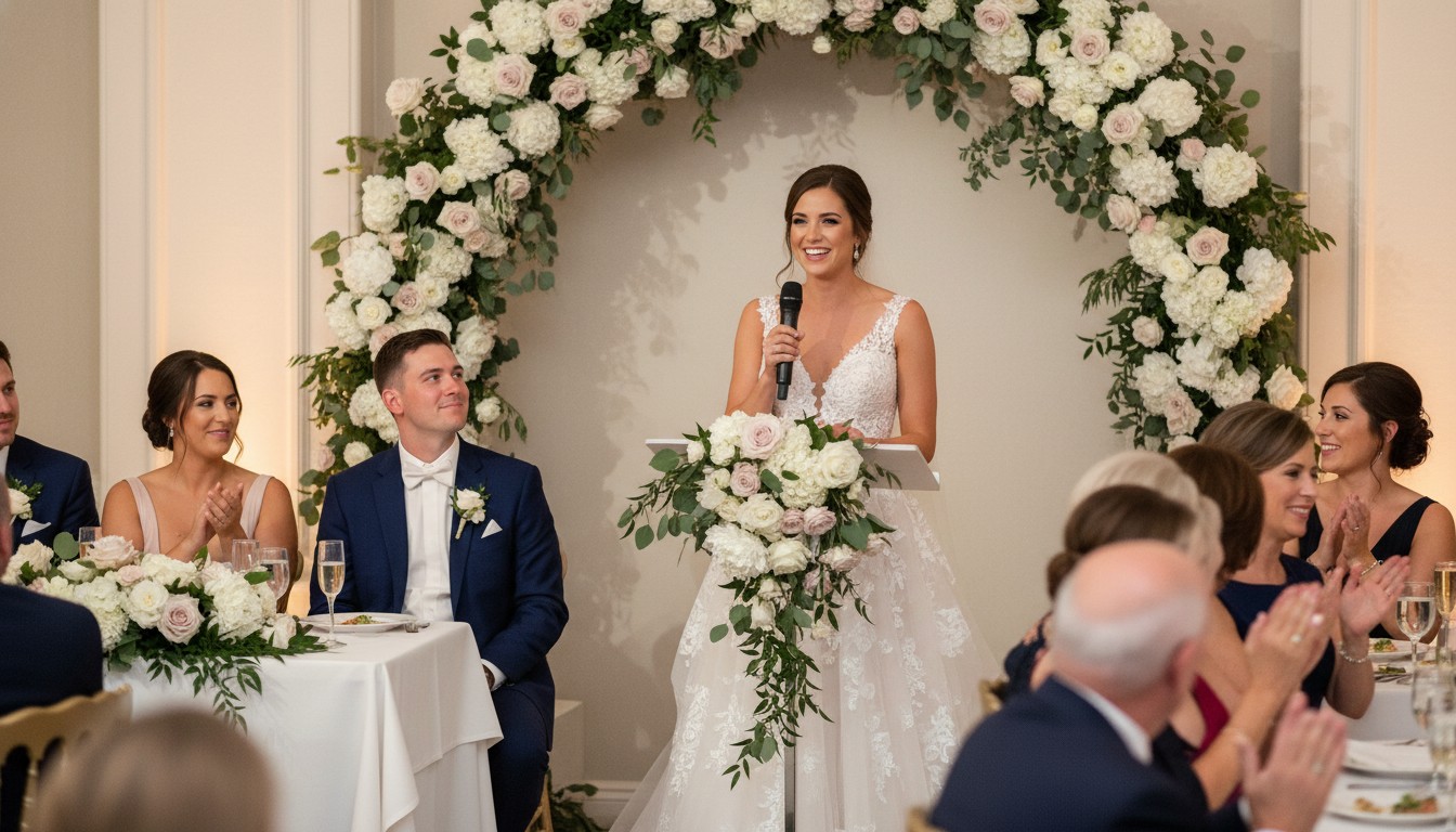 Bride confidently holding a microphone to address guests at her wedding reception