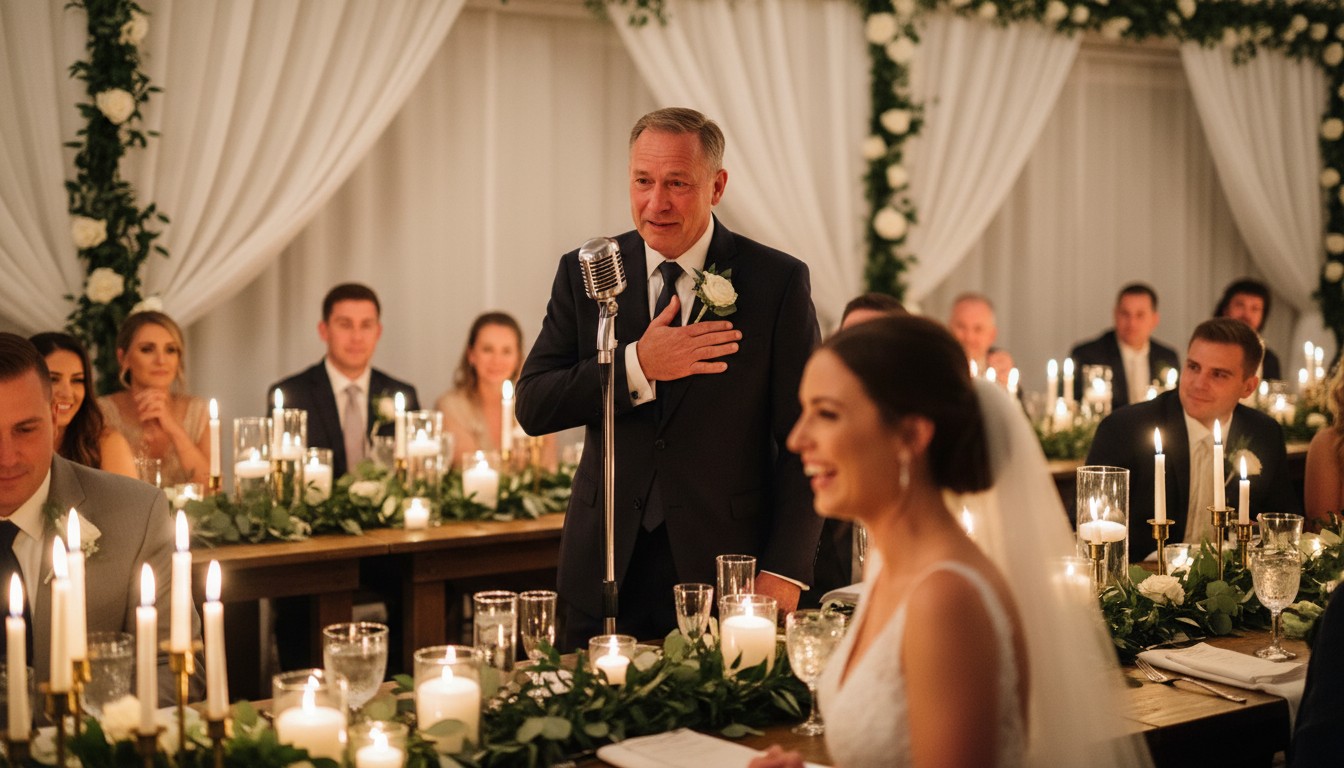 Father of the bride sharing a warm, proud moment with his daughter on her wedding day