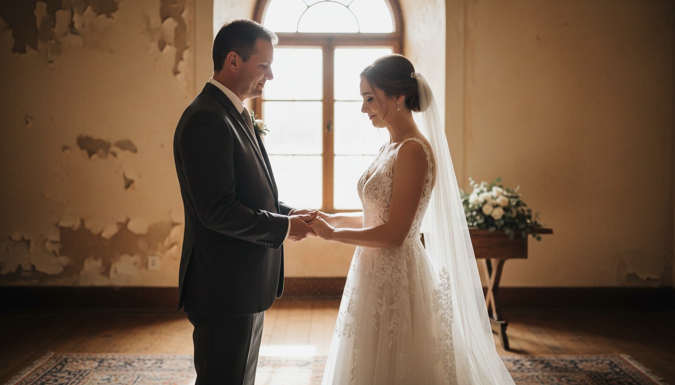 Father and daughter sharing a warm, proud moment on her wedding day