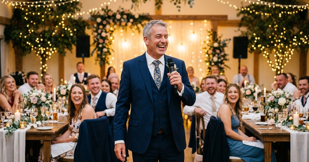 Father laughing with wedding guests during his speech at the reception