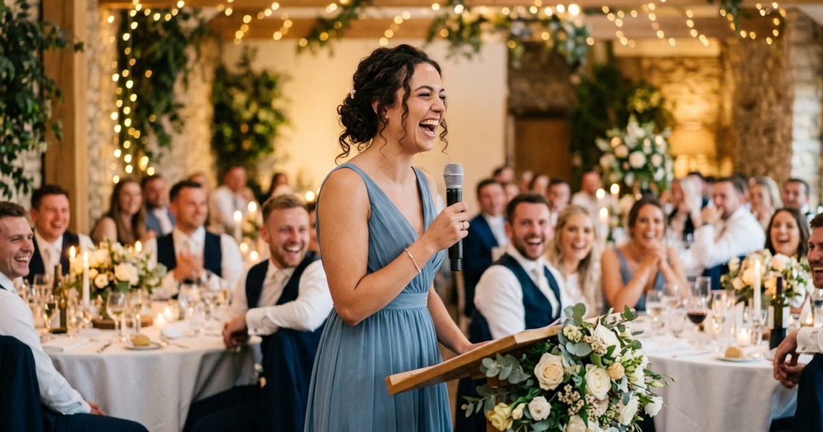 Maid of honor laughing during her speech at a wedding reception