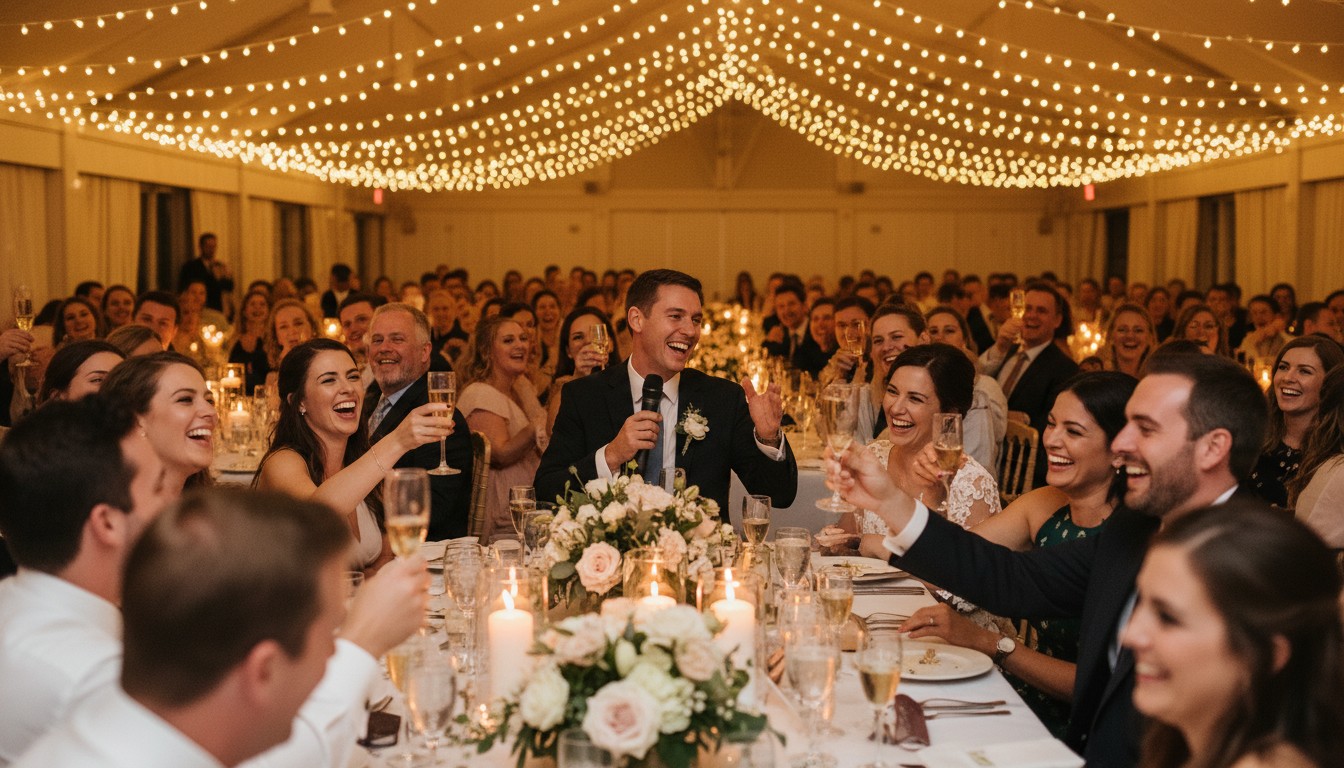 Best man getting genuine laughs from wedding guests during his speech