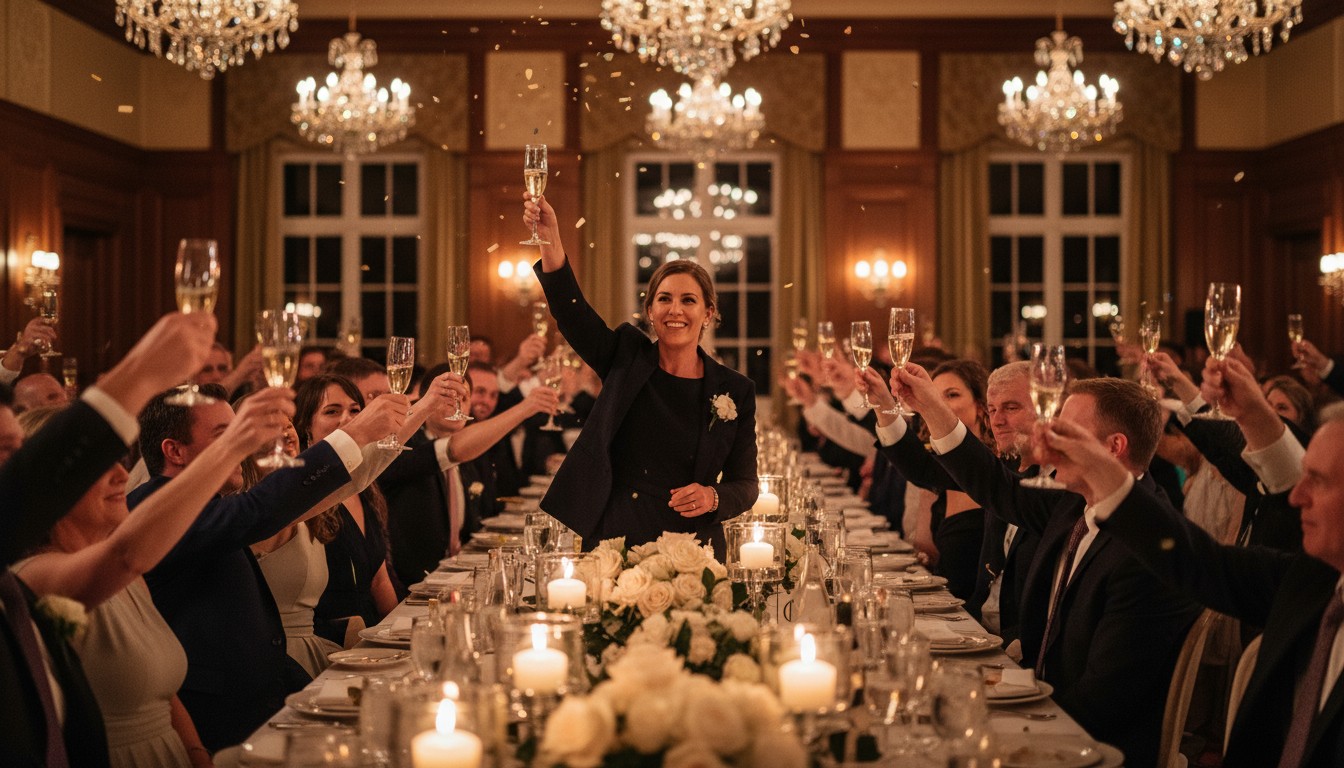 Wedding speaker raising a glass to deliver a powerful closing to their speech