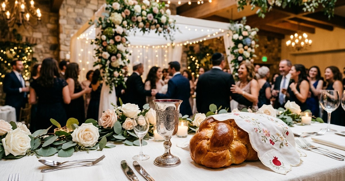 Kiddush cup and challah on a white tablecloth with warm wedding lighting