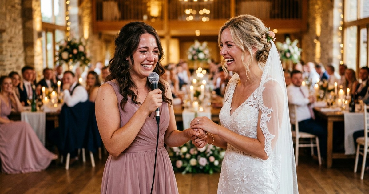 Two sisters sharing an emotional moment at a wedding reception