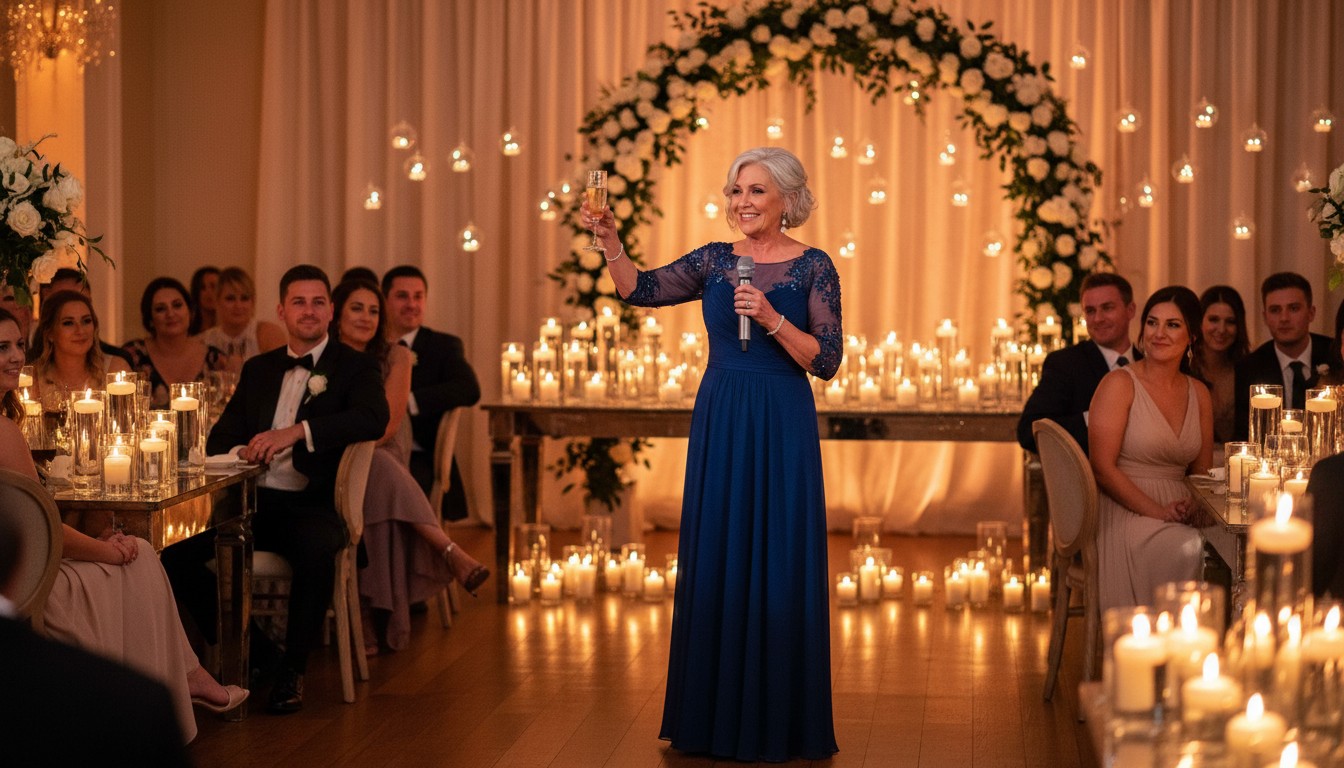 Mother of the bride giving a heartfelt speech at her daughter's wedding reception