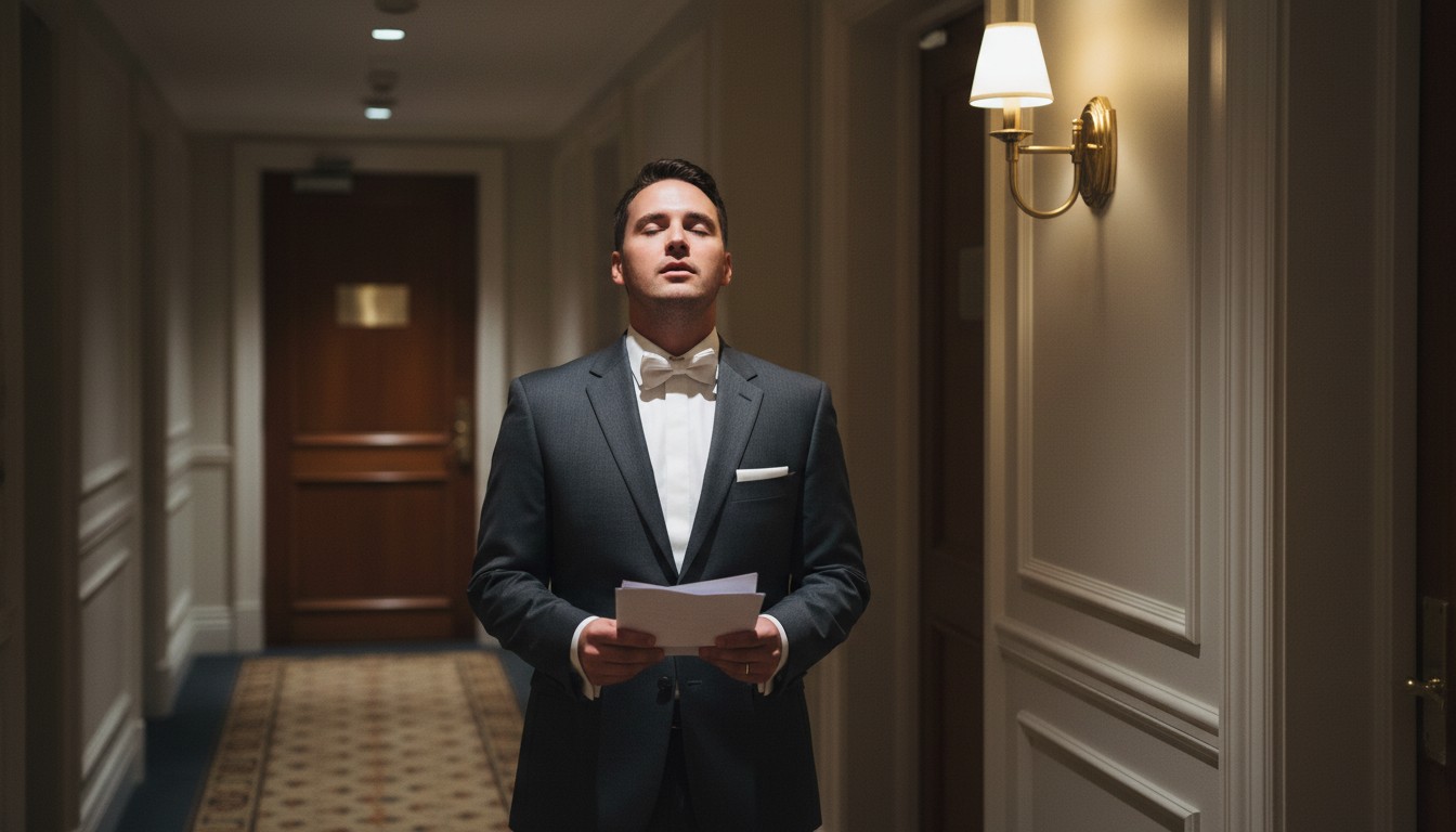 Person standing nervously at a wedding reception before giving their speech