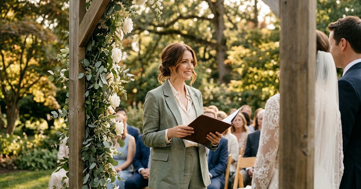 First-time officiant standing at an outdoor wedding ceremony with a leather-bound folder