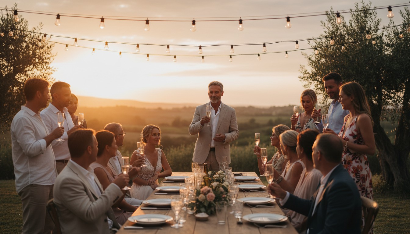 Guests raising glasses in a heartfelt toast at a second marriage wedding reception