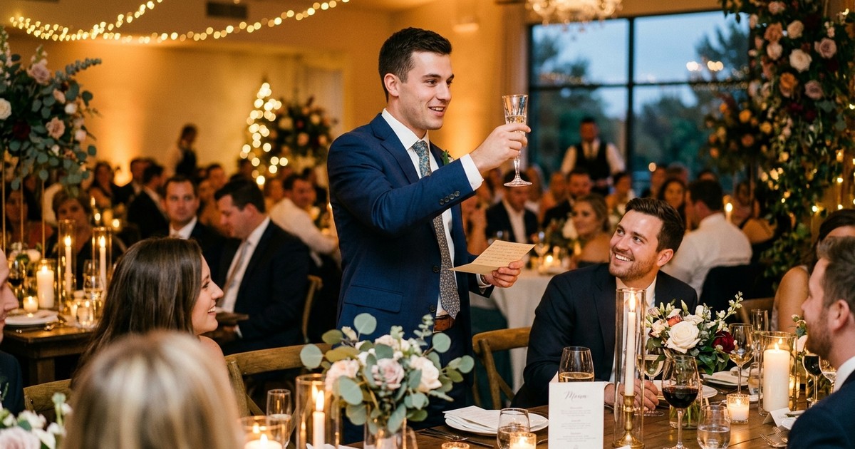 Best man delivering a brief, confident speech at a wedding reception