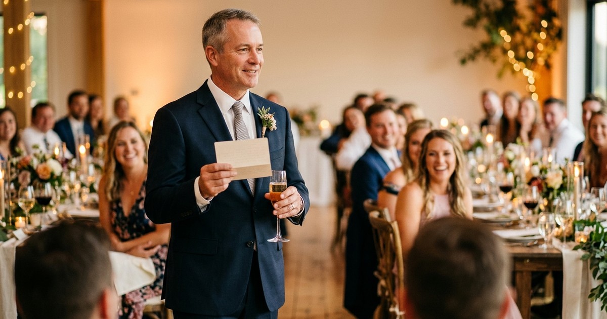 Father giving a brief, heartfelt speech at his daughter's wedding reception