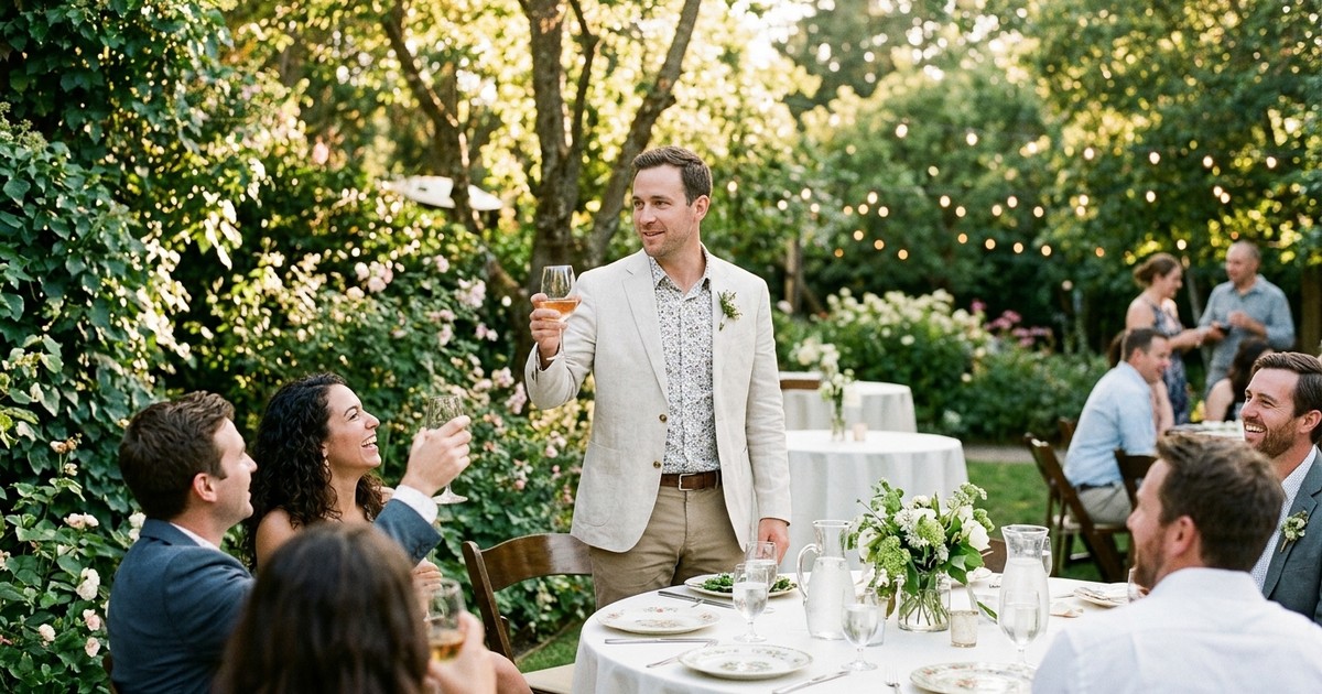 Wedding guest giving a brief casual toast at an outdoor wedding reception