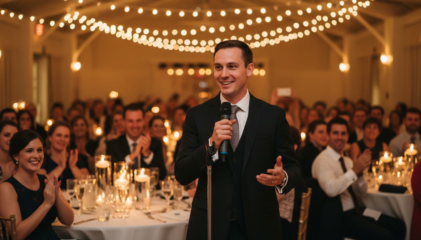 Speaker delivering a concise three-minute wedding speech to an attentive room