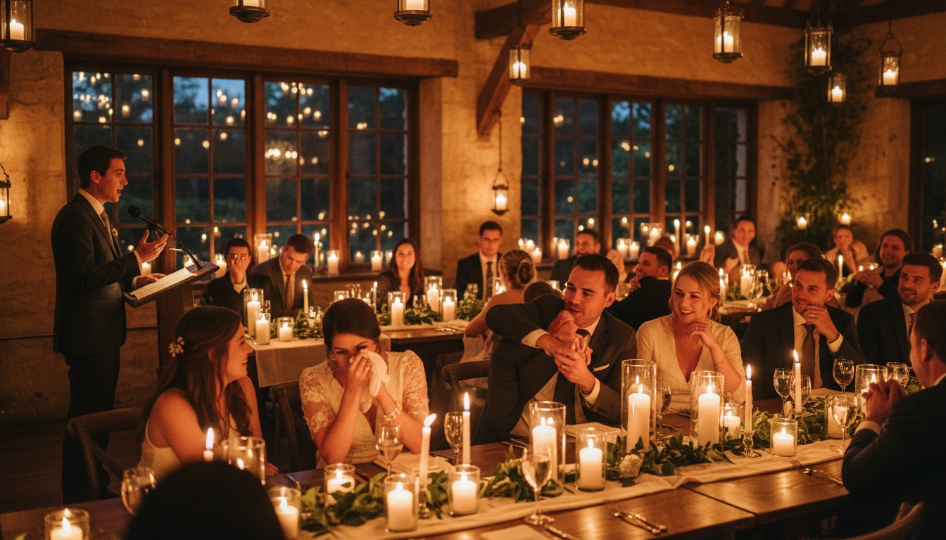 Wedding speaker delivering a heartfelt speech at a reception
