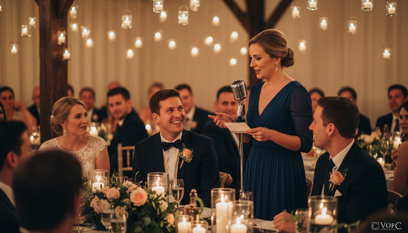 Friend delivering a warm, personal toast at a wedding reception