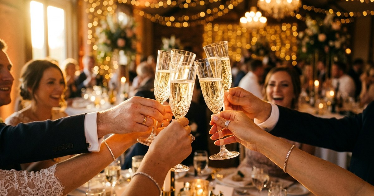 Champagne glasses raised together at a wedding toast with warm golden light