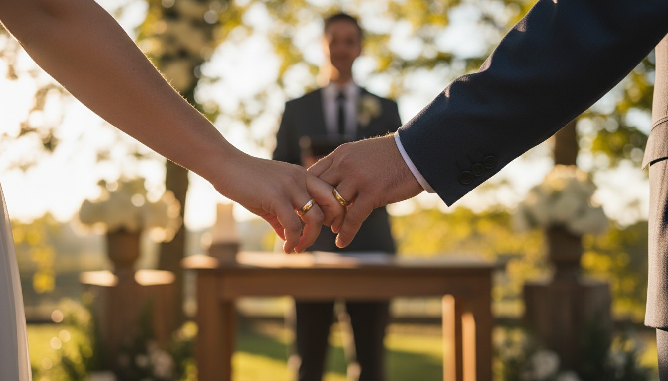 Couple exchanging personal vows at a sunlit outdoor ceremony, holding hands