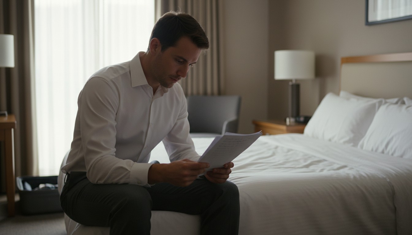 Best man reading his speech notes the morning of the wedding