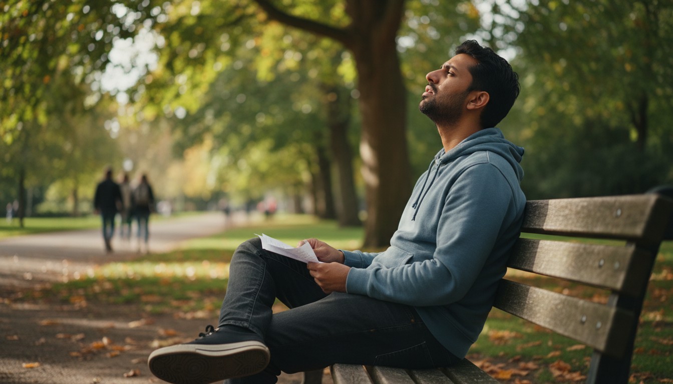 Quietly rehearsing a speech on a park bench