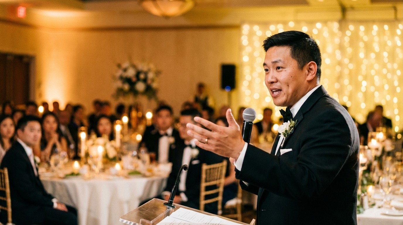 Guests celebrating after a groom speech at a wedding reception