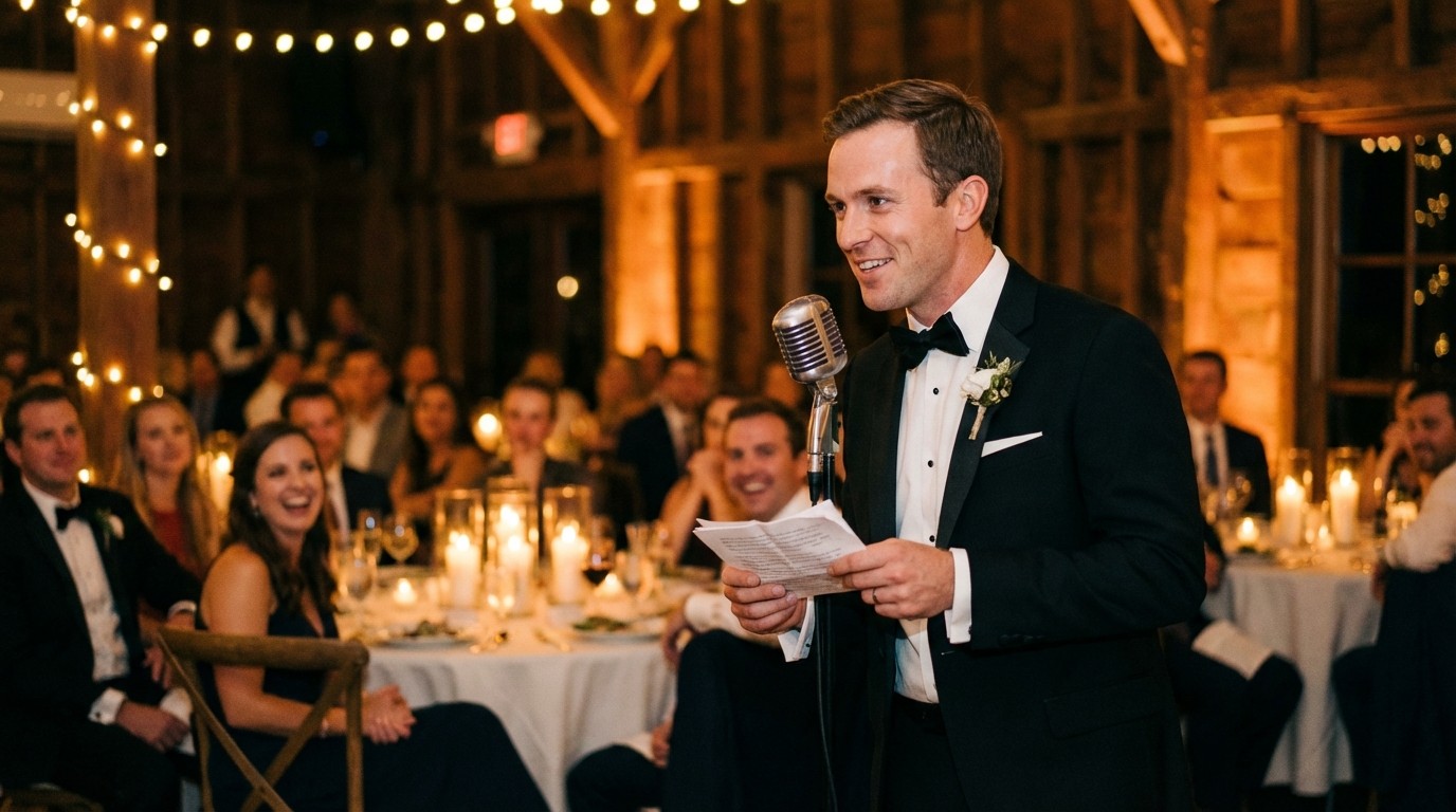 Two groomsmen laughing before delivering a wedding speech