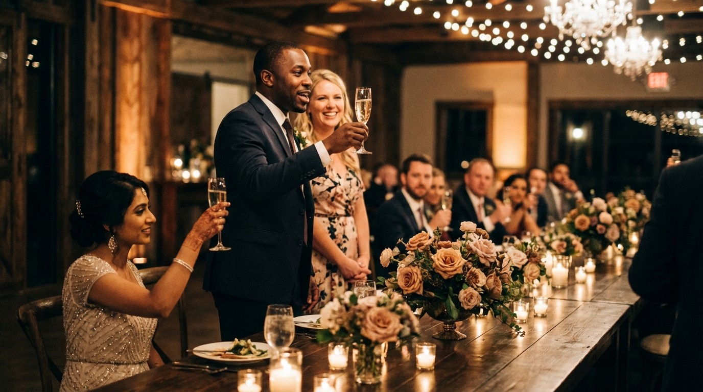 Wedding toast: guests raising champagne glasses in celebration
